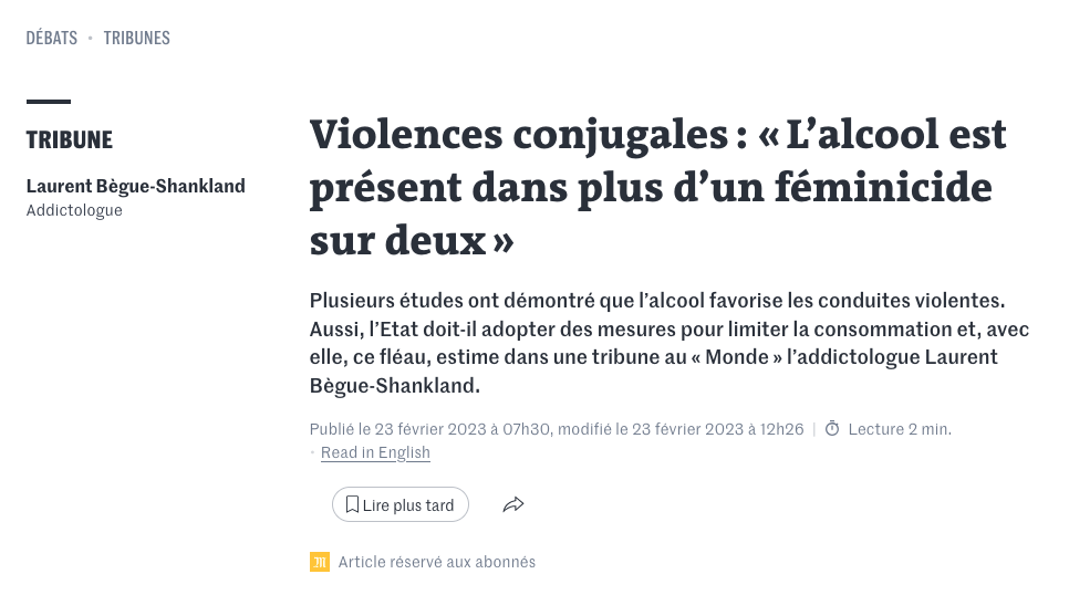 Violences conjugales : « L’alcool est présent dans plus d’un féminicide sur deux »